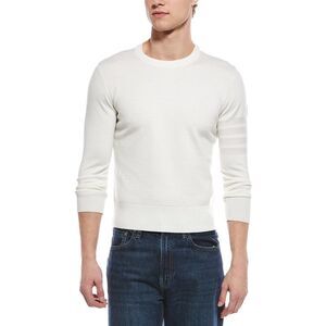 Thom Browne Mens  Merino 4 Bar Wool & Linen-Blend Crewneck Sweater, White